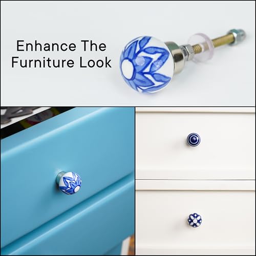 Image of Indian-Shelf 6 Blue White Ceramic Cabinet Knobs Vintage Floral Drawer Pulls