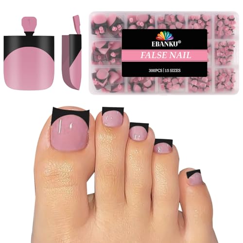 300PCS Black French Tip Press on Toenails for Women, EBANKU Sharp Square Toenail Press ons, Acrylic Toe Nail Tips with Pre-Applied Primer & Base Coat, Soft Gel False Toe Nails Extension, 15