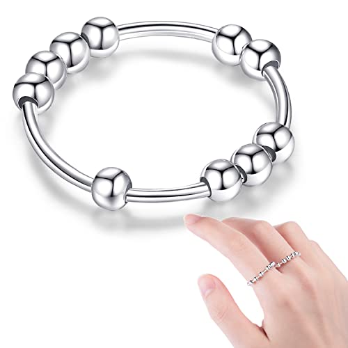 Ava Evelyn 925 Sterling Silver Anti Anxiety Ring for Women Hand Made Rings Spinner Rings Fidget Rings for Anxiety Women Men with Ten Beads Stress Relief Gifts for Women Anxiety Relief Items Size 8