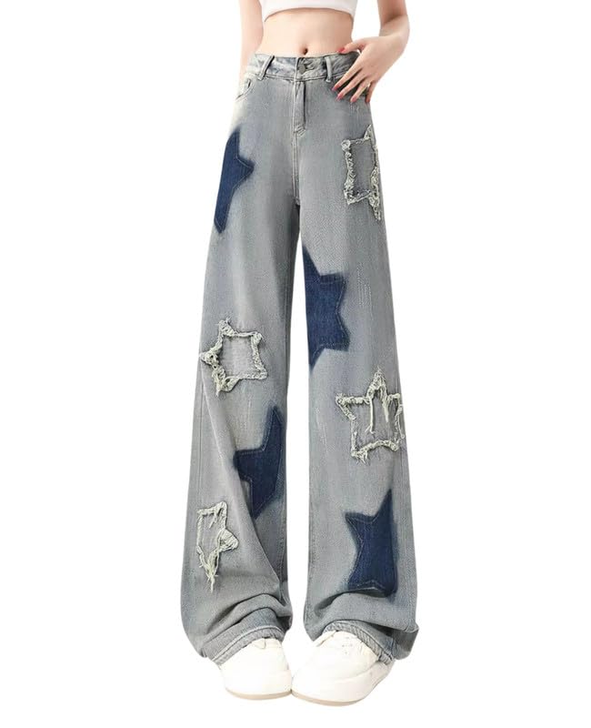Y2K Baggy Pants for Women Girls Cute Star Patchwork High Waisted Straight Leg Jeans Casual Goth Clothes