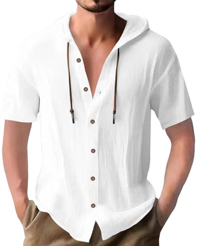 PRIVIMIX Chemise pour Hommes Manches Courtes Boutonnée Chemises à Capuche Lin Coton Regular Fit Été Plage Shirt Blanc L