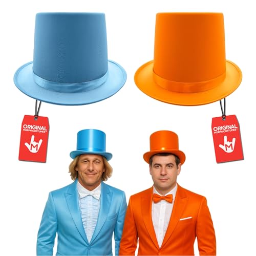 Nicky Bigs Novelties Morph Adjustable Size Dumb Dumber Premium Tuxedo Satin Top Hat Set for Adults Blue Orange Tall Tux Hats Satin Trim Funny Costume Accessories for Halloween Dance Cosplay
