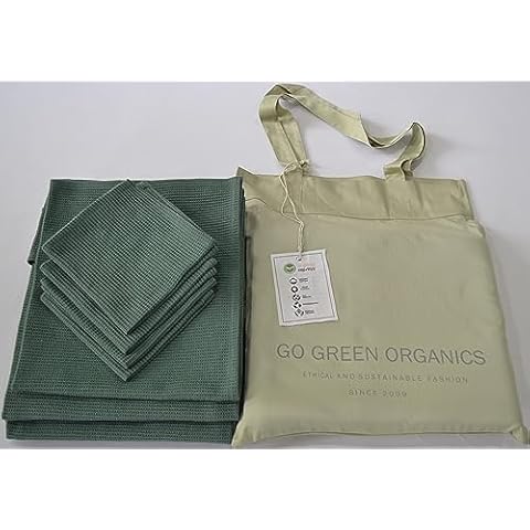 GO GREEN ORGANICS Organic Cotton Bath Towel Set Waffle, GOTS Certified (Forest Green) Super ABSORBANT & Quick Dry, NO SOFTENERS, Environment Friendly, 1xBATH58x30.5, 2xHAND29x20, 4xFACE12x12INCH Cover