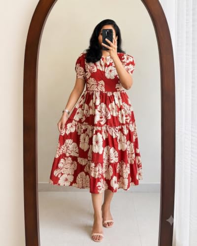 Image of Women's Rayon A-Line Midi Dress, Floral Print, Short Sleeves, Tiered Design, Round Neck, for Summer Wear