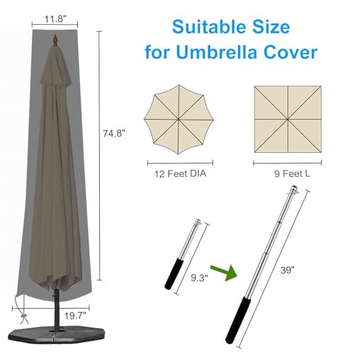 OKPOW Patio Umbrella Cover for 9ft to 12ft Outdoor Umbrellas - 420D Waterproof Garden Market Umbrella Cover Outside Parasol Covers with Zipper for Deck Pool Beach Umbrellas, Dark Grey by OKPOW - Used condition - Image 2