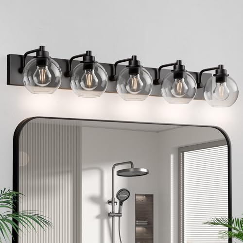 Image of 5 Light Bathroom Light Fixtures-Matte Black Bathroom Vanity Lights, Modern Vanity Lights 5-Light Bathroom Lighting Fixtures Over Mirror with Clear Glass Globe Shade