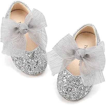 THEE BRON Toddler/Little Girl Silver Glitter Mary Jane Flats Princess Dress Shoes(AG264,Silver/5M)