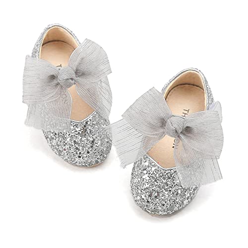 Thee Bron Toddler/Little Girl Silver Glitter Mary Jane Flats Princess Dress Shoes(Ag264,Silver/5M) #TOP3