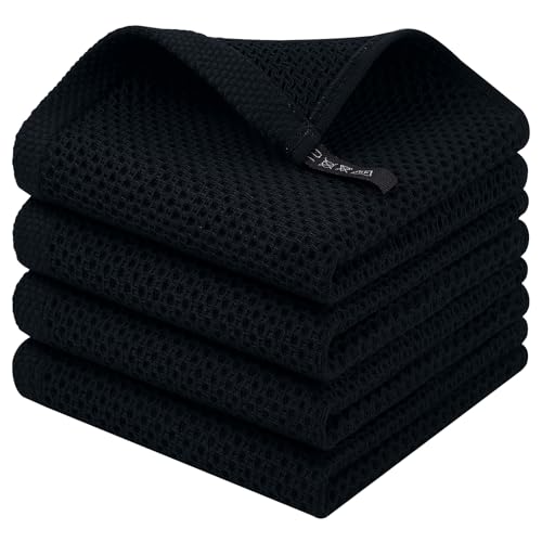 Homaxy 100% Cotton Waffle Weave Kitchen Dish Cloths, 4-Pack Ultra Soft Absorbent Dish Towels, Quick Drying Dish Rags, 12 x 12 Inches, Black