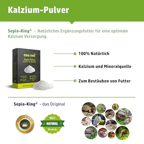 Sepia King - Sepia-Pulver - Kalzium für Schildkröten, Bartagame, Reptilien - gemahlene Sepiaschalen - Futter Bestäuben, Insekten - Futterkalk, Kalk Terrarium - 50g