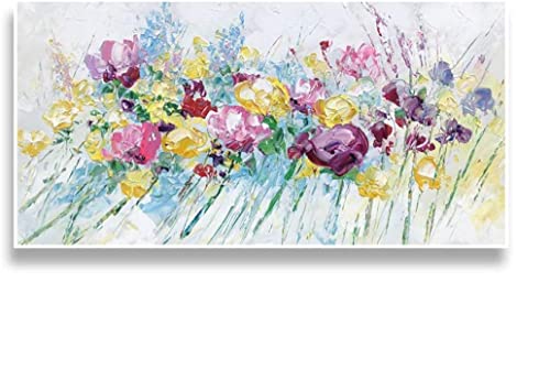 Pittura Ad Olio Dipinto A Mano Su Tela,Spatola Pittura,Paesaggio Astratto Giallo Viola Fiori Colorati ,Dipinti Murali Di Grandi Dimensioni Di Arte Moderna Parete Per Soggiorno Ingresso Camere Da Letto