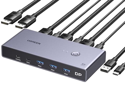 UGREEN Switch KVM Displayport 8K 60Hz 2 Ingressi 1 Uscita Switcher DP 1.4 4K 240Hz 1 Porta Tipo C 3 Porte USB A per Tastiera Mouse Disco Rigido Stampante Monitor con Controller e 2 Cavi 1M