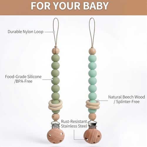 Image of 2Pcs Silicone Pacifier Clip with Natural Wooden Rings, Green Pacifier Holder Binky Clips for Baby Girl and Boys (Green)