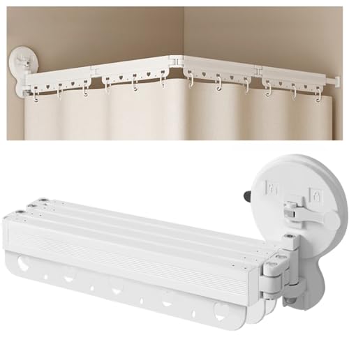 EHERDM Wandmontierte, faltbare Duschvorhangstange, stanzfreie Saugnäpfe, 360° faltbar, Duschvorhangstange für Badezimmer, Ecke, Badewanne, einziehbarer Wäscheständer, 4-fach, 137,2 cm