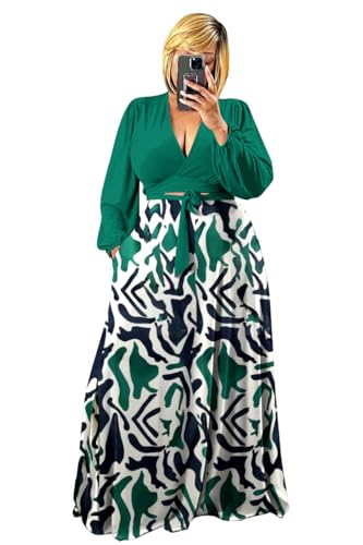 Image of Plus Size Women's 2 Piece Outfits Casual Long Sleeve Wrap Crop Top Maxi Long Dress Flowy Matching Sets