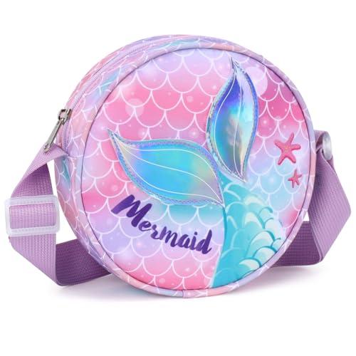 BrainyBees Kids Purse with Gift Box - Little Girl Purse for 3 4 5 6 7 8 Year Old Girls Birthday Christmas Gifts Cute Kids Crossbody Bag with Adjustable Strap, Purple Mermaid