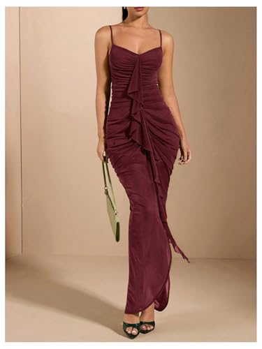 Image of Floerns Women's Ruffle Ruched Cami Dress Draped Split Elegant Bodycon Maxi Dresses