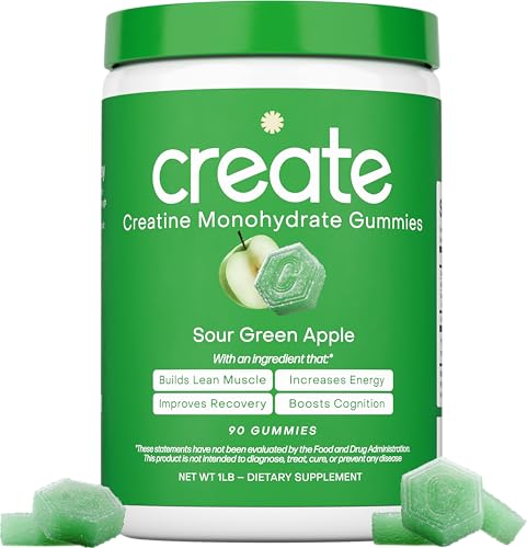 Create Creatine Monohydrate Gummies for Men & Women, Boost Focus, Strength, and Endurance, Anti-Melting Formula, Vegan, Gluten-Free, Non-GMO, 1.5g of Creatine per Gummy (Sour Green Apple)