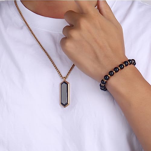 2Pcs Mens Jewelry Set - Black Crystal Necklace And Bracelet Set With Black Onyx And Gold Pendant3