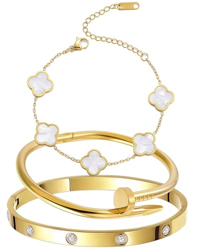 YOYONY Stackable Bracelets 3 pcs 18K Gold Nail Bracelet,Oval Love Cuff Bracelet,Four Leaf Clover Chain Bracelet,Stainless Steel,7 Inch,Open Buckle Style,Gift For Women.