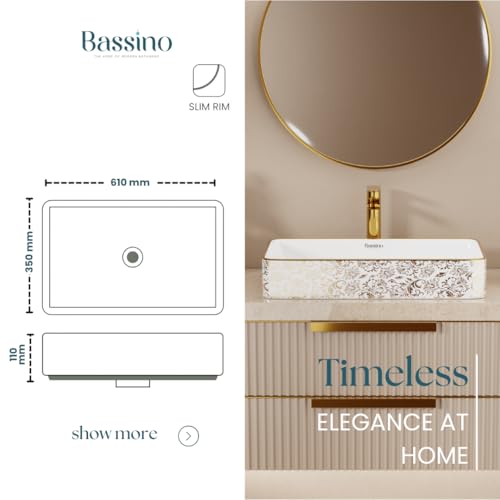 Image of BASSINO 24x14x5 Inches Designer Ceramic Wash Basin /1 Year Warranty /White & Gold Rectangular Table Top-Above Counter Basin for Modern Bathroom Vanity, Restaurants /Stylish Sink for Living Room(Glossy)