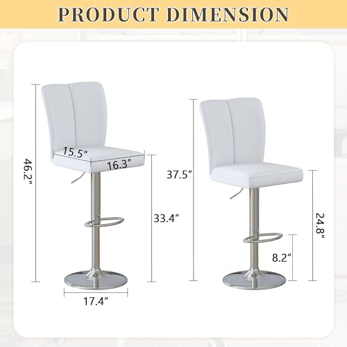 Image of Swivel Bar Stools Set of 2 - White Barstools with Back,Adjustable Counter Height Bar Stools with Sturdy Metal Legs,Leather Counter Height Stools Ideal for Kitchen Island Pub(25''-33''H)