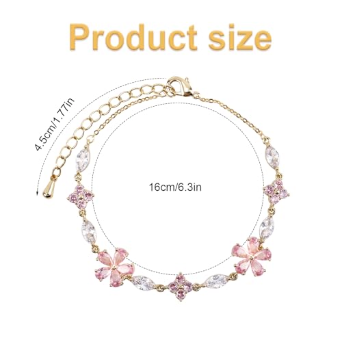Cherry Blossom Bracelet, Gold Adjustable Flower Chain Pink Crystal Cherry Blossom Sakura Floral Bracelet Sparkly Petal Jewelry Accessories for Women2