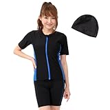 [ル モード デ トア] フィットネス水着 レディース セパレート 半袖 スイムキャップセット 女性 セパレート めくれ防止 F135 (【めくれ防止】 ブラック＆ブルー, 11L)