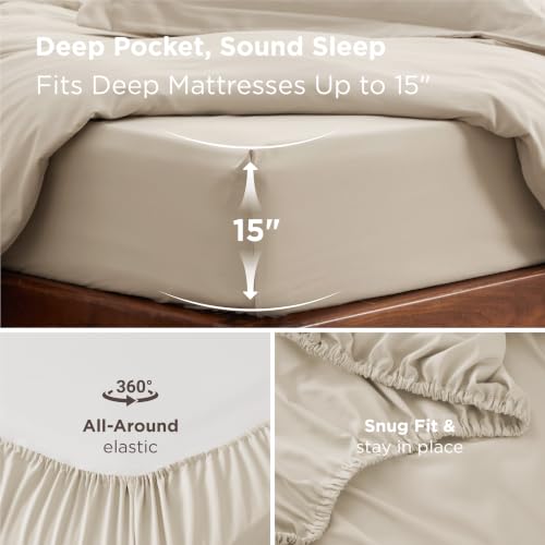 Image of Bedsure Queen Duvet Cover with Fitted Sheet, Double Brushed Bedding, Beige | 4Pcs, Deep Pocket, 90 inchx90 inch Comforter Cover, For Kids & Adults, Hotel Luxury, Soft, Breathable, Lightweight, Zipper Closure