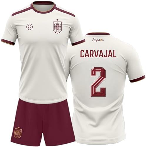 Champion's City Kit España Mundial 2026 2028 | Réplica Camiseta y pantalón | Carvajal 2 | Color Blanco y Granate | Conjunto fútbol para Adulto y niño