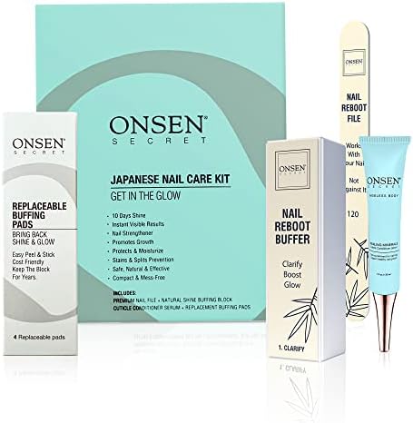 Onsen Secret Japanese Nail Buffer and Shine Kit - Professional Nail File, 3-Way Nail Buffer Block w/ Free Replacement Pads & Nail Strengthening Cuticle Cream for Healthy Nails, Nail Care Kit, 1pk