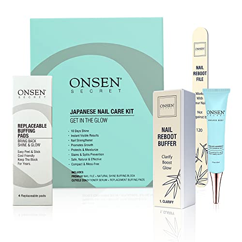 Onsen Secret Japanese Nail Buffer And Shine Kit - Professional Nail File, 3-Way Nail Buffer Block W/ Free Replacement Pads & Nail Strengthening Cuticle Cream For Healthy Nails, Nail Care Kit, 1Pk #TOP27