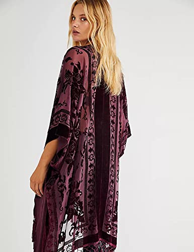 MJ SERECA Women's Burnout Velvet Kimono Long Cardigan Cover Up with Tassel4