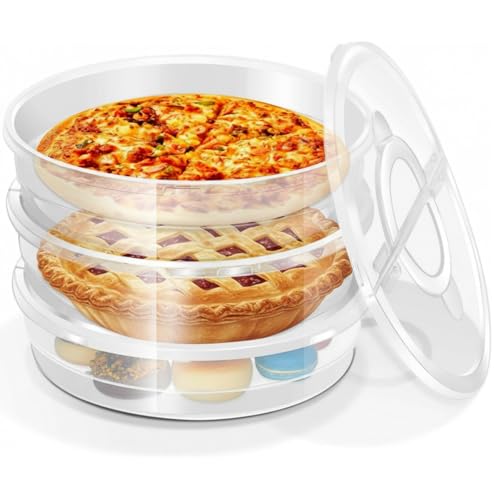 Crowye 3 Pcs 12 Inch Pie Carrier with Lid and Handle, 2 Compartments Food Storage Container Round Pizza Holder Reusable Pizza Keeper for Egg Cheese Tortilla Pastry Cakes Desserts  