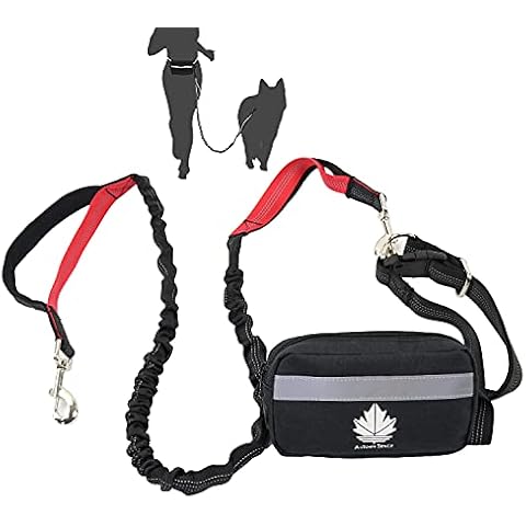 Hands Free Dog Leash with Zipper Pouch for Running Walking Training, Dual Padded Handles Durable Bungee with Reflective Stitches, Poop Bag Dispenser Pouch, Adjustable Waist Belt, Shock Absorbing Cover