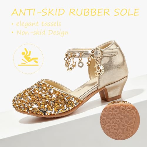Mokayu Prinzessin Schuhe Mädchen Glitzer Sandalen Flamenco Schuhe Kinder Mary Jane Abendschuhe Cosplay Schuhe Karneval Partys Hochzeiten Klett Sandalen Elegante Pumps Gold EU31