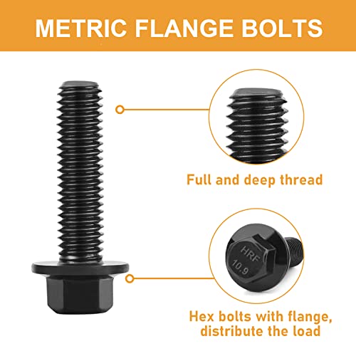 Image of VIGRUE 200Pcs M6-1.0 x 12 /16 /20 /25 /30mm Flanged Hex Head Bolts Serrated Flange Nuts Washers Assorment, Black Metric Nut and Bolt Kit, Class 10.9 Alloy Steel