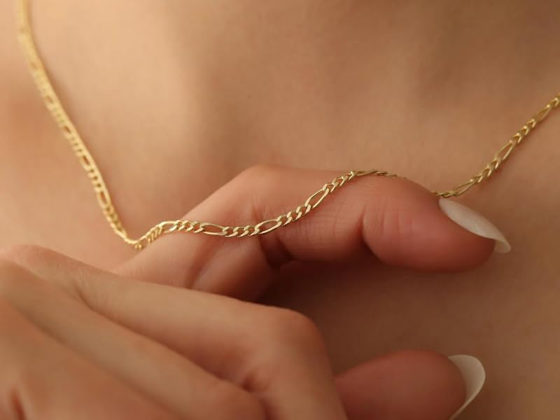 14K Solid Yellow Gold Figaro Chain Necklace for Men & Women Diamond Cut with Lobster Claw Clasp 2mm (1.6gm to 2.00gm), 2.75mm (2.1gm to 2.8gm) & 4mm (6gm to 7gm) Italian 14K Real Gold4