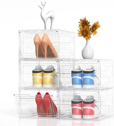 XL Large 5 Pack clear shoe Organizer storage boxes stackable Plastic Boxes Thicken Material Easy to Assemble Fit Sneaker Storage Size 12 13 14 Shoe Storage Organizer for Closet with Lids and Door