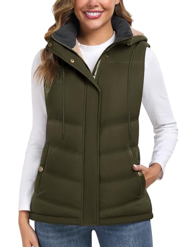 Tuopuda Steppweste Damen Kurz Winterweste Outdoor mit Taschen Gilet Übergangsweste Wintermäntel Pufferjacken Ärmellos Steppjacke Hooded Daunenweste Geschenk für Frauen, Armeegrün, XL