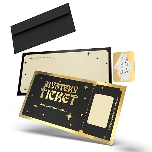 Falkenhorn® Mystery Ticket mit Rubbelsticker, Schwarze Rubbelkarte zum Ausfüllen & Verschenken, Geheimnisvolle Geschenkidee für Escape Room, Event, Spiel oder Überraschung –inkl. Umschlag - 1er