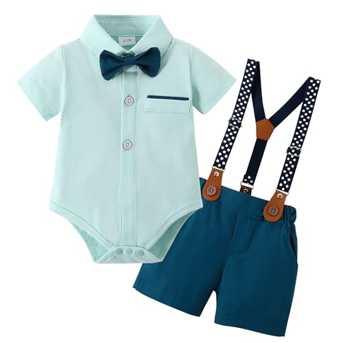 Image of ZOEREA Baby Boy Clothes Suit Infant Short Sleeve Gentleman Outfits Dress Shirt+Bowtie+Suspender Shorts 0-18M