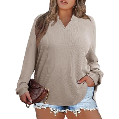 MK Shop Limited Plus Size Sweatshirts For Women Waffle LightweightKnit Tops Casual Fall V Neck Long Sleeve Loose Tunic Shirts Khaki Cover