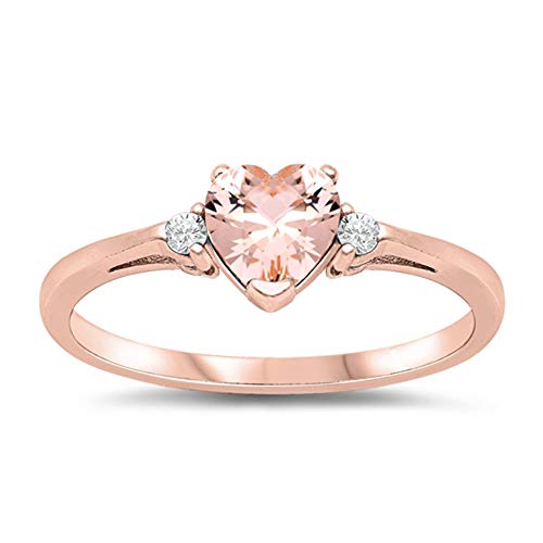 Oxford Diamond Co Sterling Silver Gemstone Heart Promise Love Jewelry Ring Sizes 3-12 (Rose Gold Plated Simulated Morganite, 8)