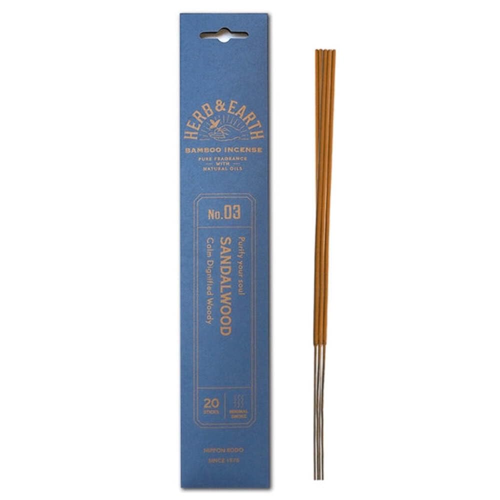HERB & Earth H&E Bamboo Incense - Sandalwood- 20 Sticks by Nippon KODO, Japanese Quality Incense Since 1575