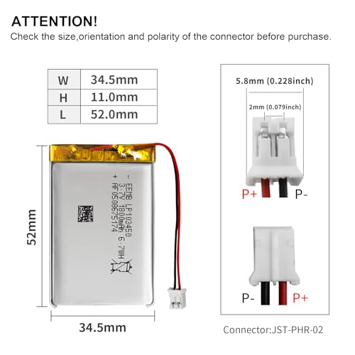 EEMB Lithium Polymer Battery 3.7V 1800mAh 103450 Lipo Rechargeable Battery Pack with 2 Wires JST 2.0mm Connector for Speaker and Wireless Device- Confirm Device & Connector Polarity Before Purchase