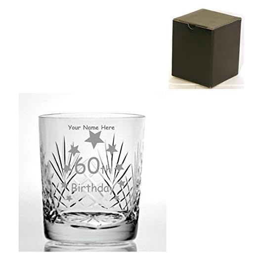 Personlig graverad kristall whiskyglas med grattis på 60-årsdagen stjärndesign – presentask ingår