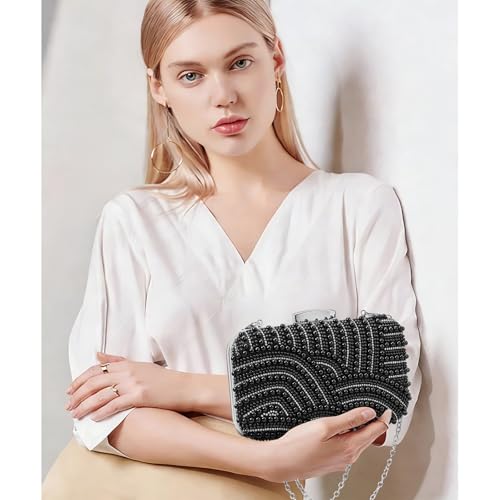 Image of RNIEGA Pearl Crystal Clutch Purse for Women Fashion Elegant Bride Evening Clutch Handbag Crossbody Shoulder Bag with Chain