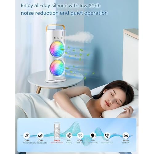 Image of Drumstone (๐๐+๐ ๐ฌ๐ฒ๐ฎ๐ฟ๐ Warranty 4000mAh Double Spray Mist Fan | Rechargeable Cold Air Desk Fan with 280ml Water Tank | 3 Speed & Mist Modes | USB-C, Remote Control, 7-Color LED Light (WHITE)