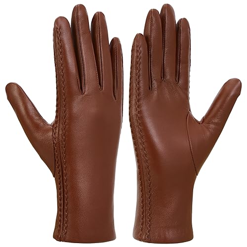GSG SINCE 1998 Echte Lederhandschuhe Damen Touchscreen Winterhandschuhe Woll Gefütterter Warme Lammfell Autofahrerhandschuhe Braun S